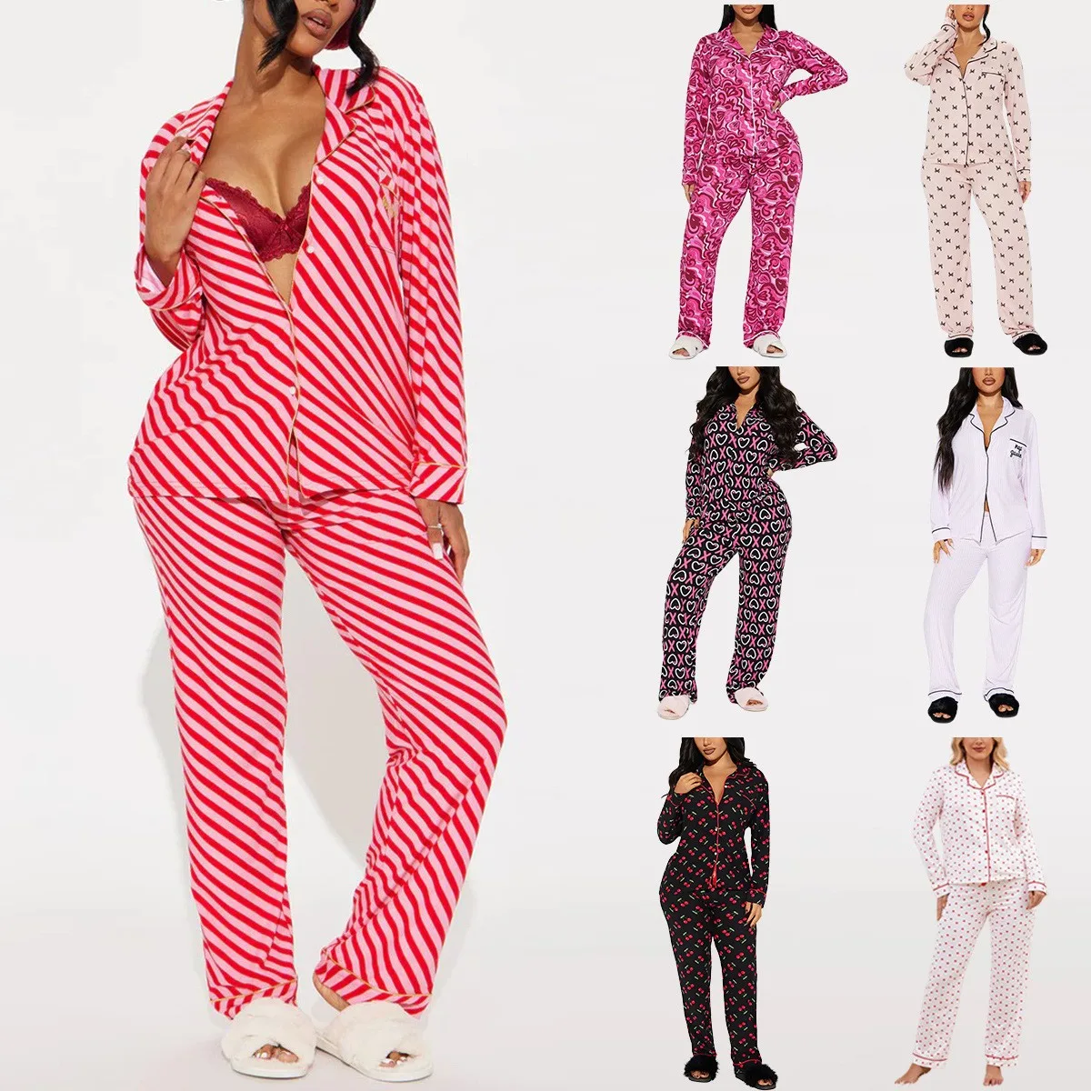 Women's Matching Pajamas Printed Long Sleeve Pajama Set Long Pants Sleepwear Warm Flip Collar Loungewear Cherry Print Two Piece