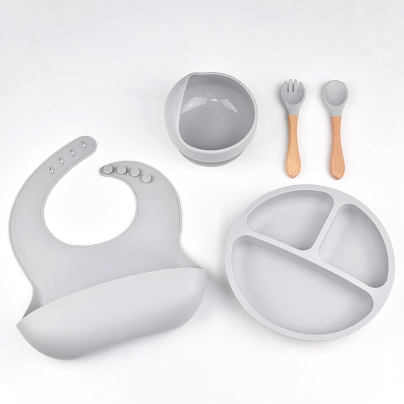 5PCS Children's Safe Silicone Tableware Baby Feeding Set Waterproof Bib Kids Sucker Dinner Plate Antislip Bowl With Fork Spoon