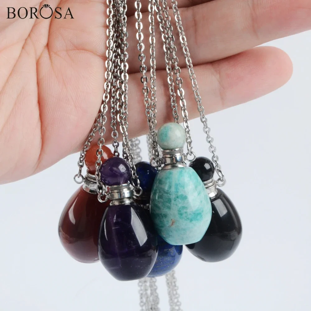 BOROSA Silver Plated Amazonite Agates Essential Oil Bottle Pendant Necklace Natural Gems Stones Perfume for Women Jewelry Gifts