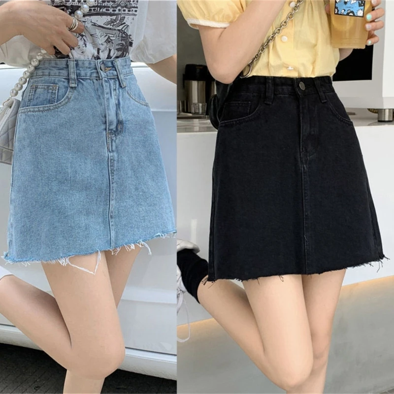 

Women Summer Casual Button Front Mini Skirt Girls Vintage High Waist Frayed Hem A-Line Jeans Short Skirts with Pocket Streetwear