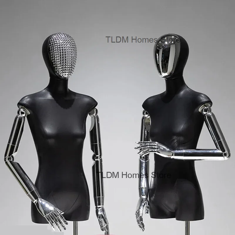 PU Black Bust Mannequins Clothing Store Female Mannequin with Electroplated Head and Hand Iron Frame for Window Display Stand