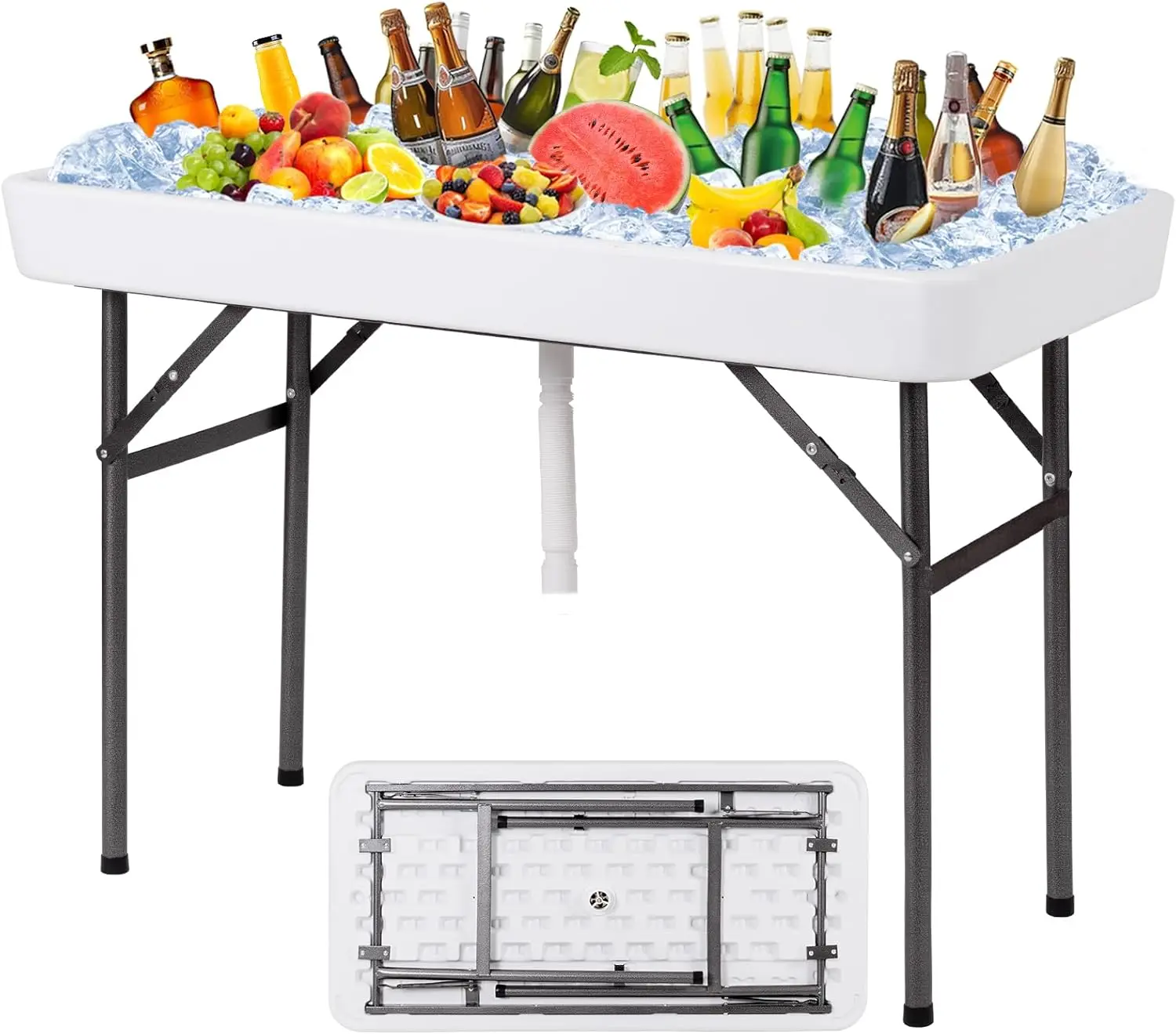 Folding Ice Cooler Table with Matching Skirt & Drain Hose, Foldable Beverage Cooler Table Buffet Cooler Server, Portable C