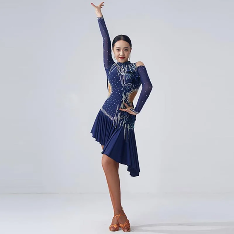 L-2045 Latin Dance Dress Competition Dress Costumes Skirt Performing Dresses Rhinestones Customize Size Dark Blue Dress for sale