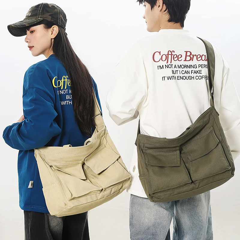 حقيبة نسائية كبيرة من القماش حقيبة صديقة للبيئة حقيبة ساعي كورية Y2K حقيبة كتف كروس للمتسوقين حقيبة مورس للجنسين جيوب حقائب يد عتيقة