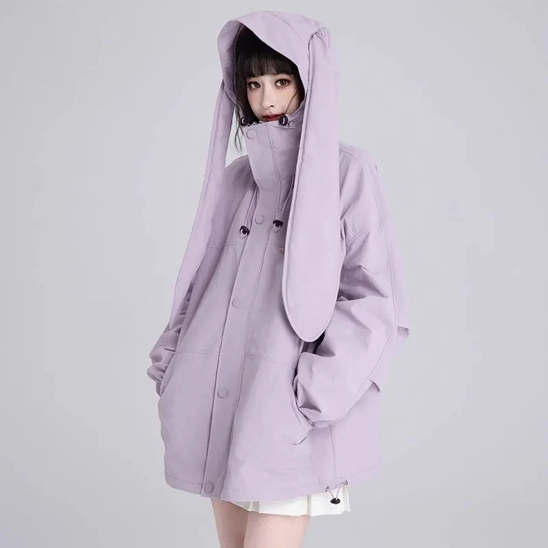 

Women Bunny Ear Detail Anorak Jacket Kawaii Drop Shoulder Spring Fall Coat Solid Harajuku Y2K Hooded Long Sleeve Parka