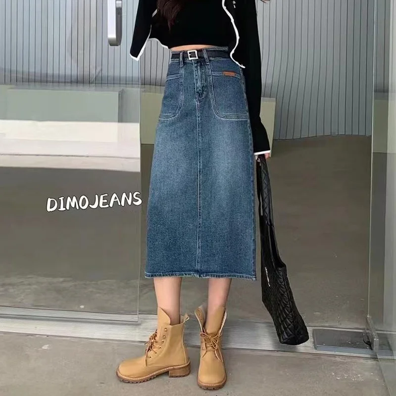 

Женская джинсовая юбка миди больших размеров с высокой талией, стройнящий дизайн, повседневная юбка А-силуэта, летняя мода для полных девушек, 300 Pou