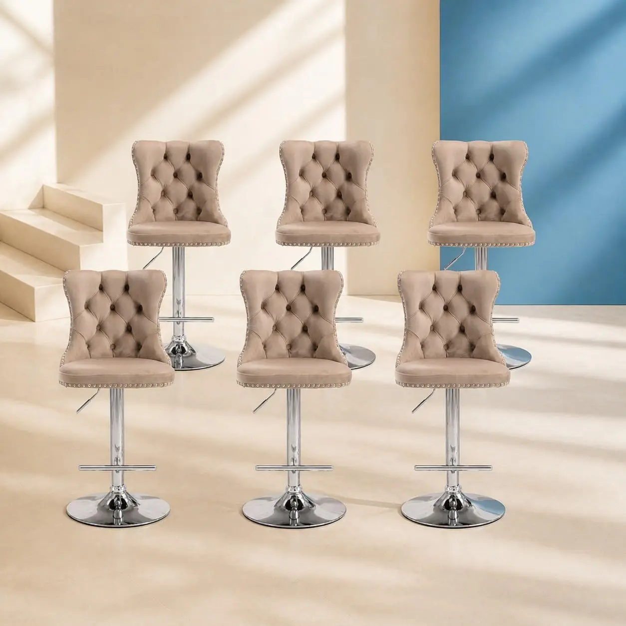 Velvet Bar Stools 6 Adjustable Swivel Counter Height Tufted Back & Nailhead Trim Kitchen Island Khaki Chrome, Customized