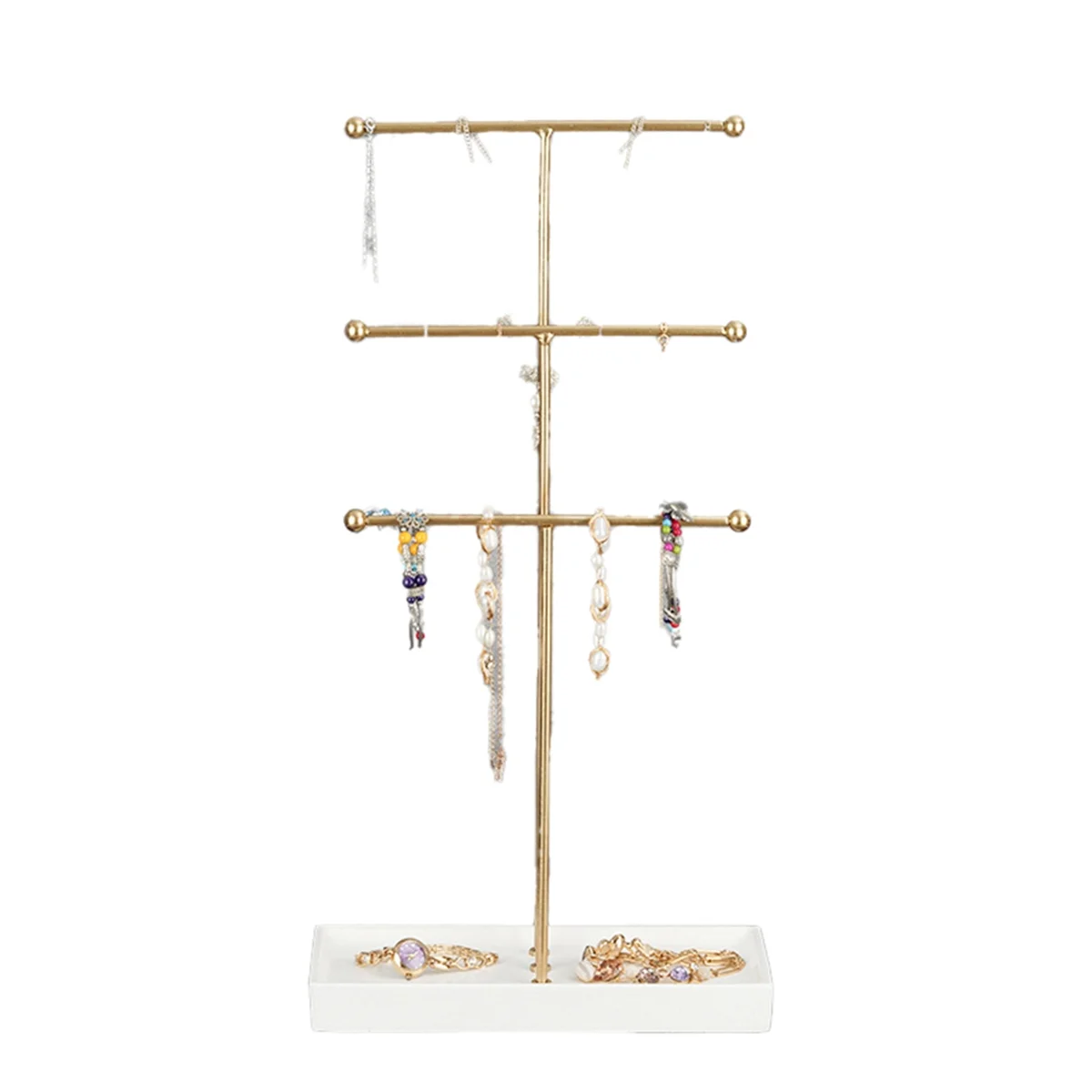 Gold T-Shaped Jewelry Removable 3-Tier Bracelet Storage Rack Earrings Necklaces Rings Jewelry Stand