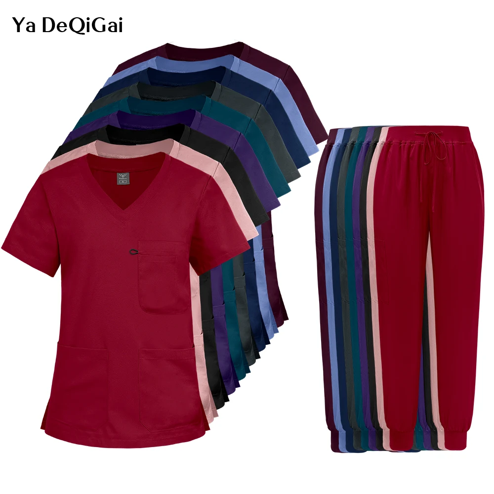 Multicolour Multi-pocket V-neck Top Pants Nurse Scrubs Set Hospital Work Uniforms Medical Clinical Workwear Doctor Nursing Set