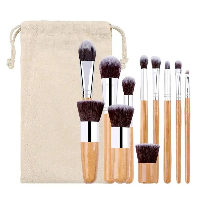 11Pcs Bamboo Handle Makeup Brushes Set Foundation Blending Tools with Cotton Bag