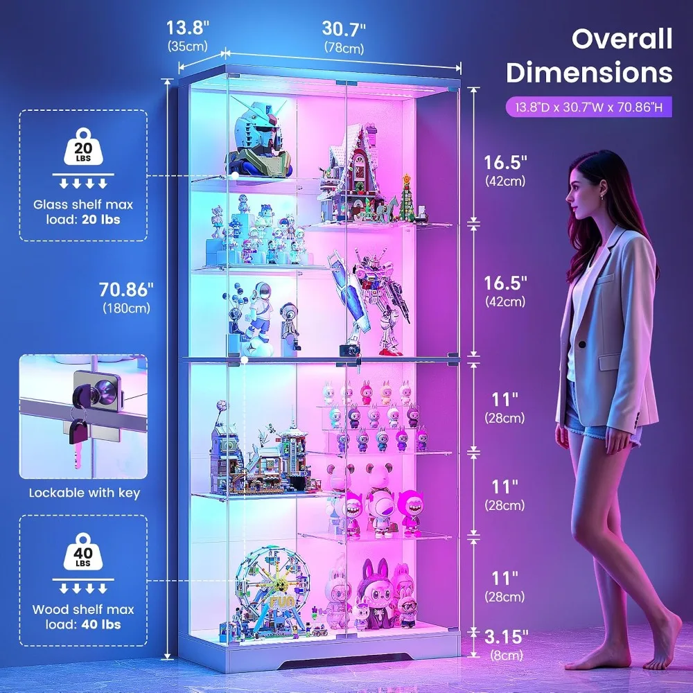 Lvifur 10-Tier Glass Display Cabinet with RGB Light Motion Sensor White