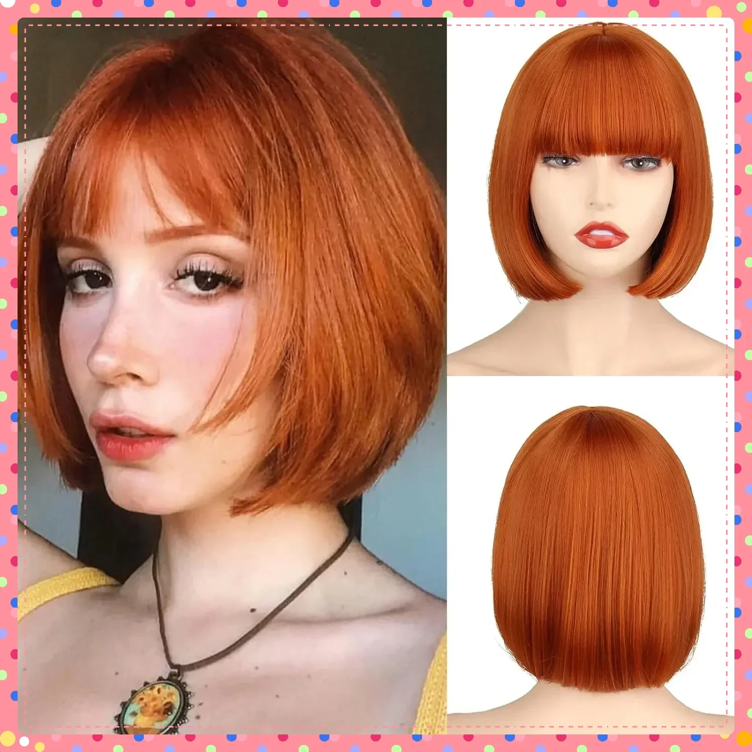 Synthetic Ginger Short Bob Wig with Bangs Straight Hairpiece for Cosplay Party Halloween Daily Wear Anime Roleplay Costume