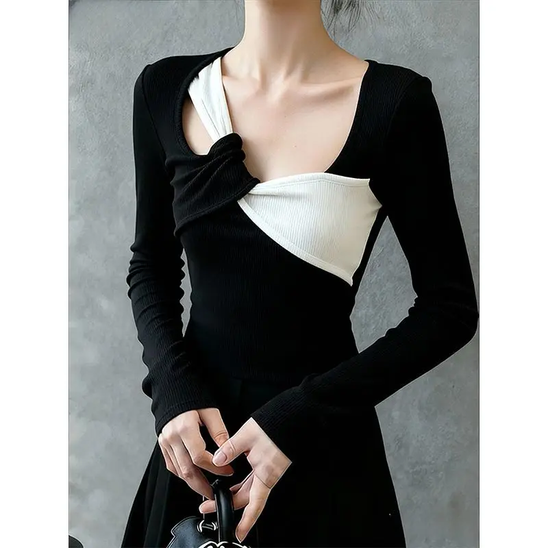 

Spice Girl Необычная черно-белая рубашка контрастного цвета из немецкого бархата, женская внутренняя одежда, тонкий тонкий топ с длинными рукавами