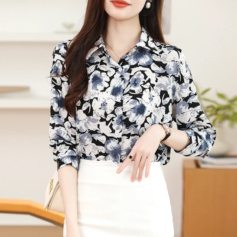 New 2024 Chiffon Summer Women's Blouse Casual Fashion Advanced Temperament Simplicity Tops Flower Print Long Sleeved Shirt