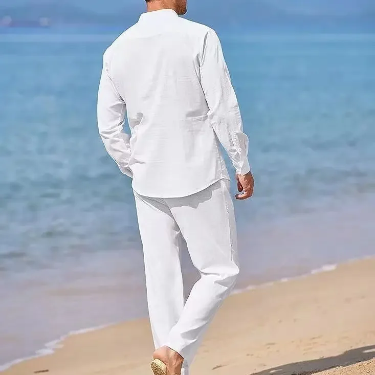 Mens Casual Linen Two Piece Sets 2024 Europe Style Vintage Basic Tops and Solid Pants Suit Male Beach Tracksuits Set