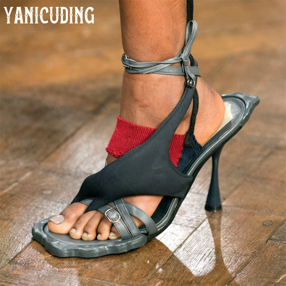 Flower Stiletto Sandals Sculptural Heel Thong Strap Summer Shoes Open Round Toe Pin Buckle Heels Wraparound Modified Stilettos