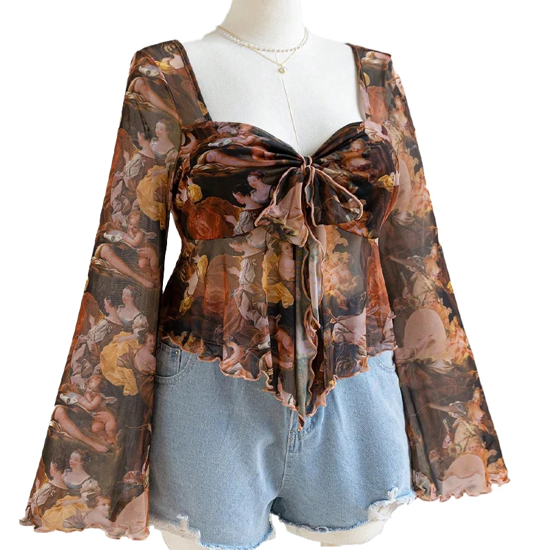 

Plus Size America Vintage Crop Top Womens Drawstring Bandage Patchwork Full Sleeve Square Collar T Shirt Grunge y2k Print Shirts