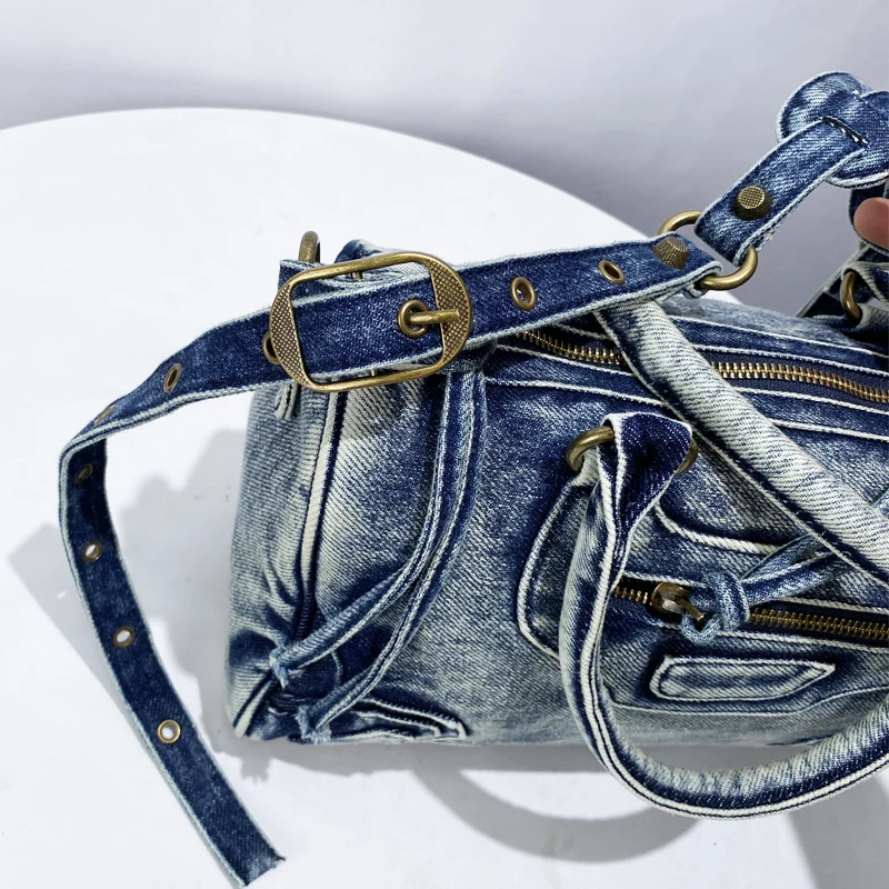 Moto & Biker Denim Pillow Bags For Women Luxury Designer Handbag Purse 2024 New In Washing Process Patchwork Top Handle Shoulder