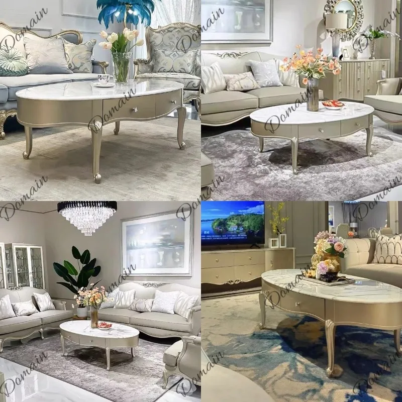 Modern Oval Marble Coffee Table for Living Room, Minimalist Small Center Table with Gold Base