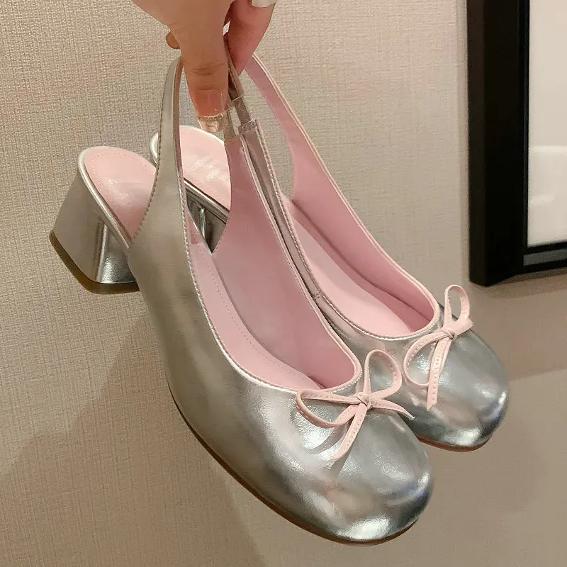 Genuine Leather Sweet Bowtie Knot Lady Summer Slingback Shoes Silver Pink Light Purple Square Chunky Heels Women Luxury Sandals