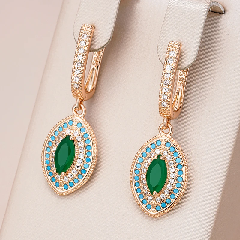 Kinel Hot 585 Rose Gold Color Long Drop Earrings for Women Fashion Green With Blue Natural Zircon Wedding Daily Vintage Jewelry