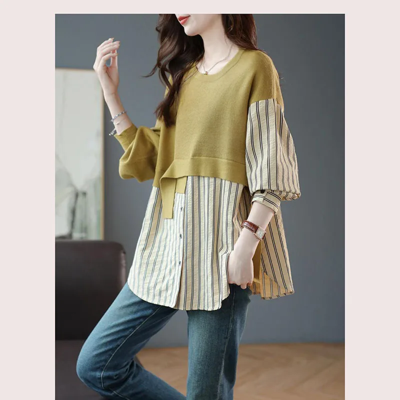 Fashion O-Neck Spliced Striped Fake Two Piece Blouse Women\'s Clothing 2023 Autumn Winter New Oversized Korean Tops Casual Shirt