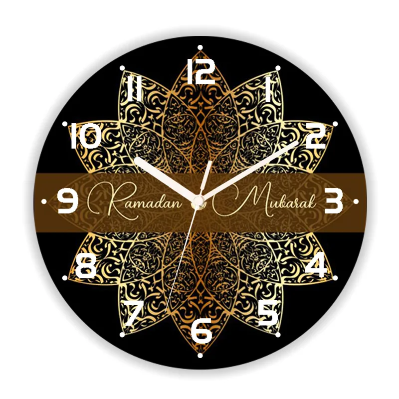 Luxury Ornamental Black Gold Ramadan Mubarak Wall Clock Living Room Modern Islamic Muslim Eid Wall Watch Bedroom Arabic  Decor