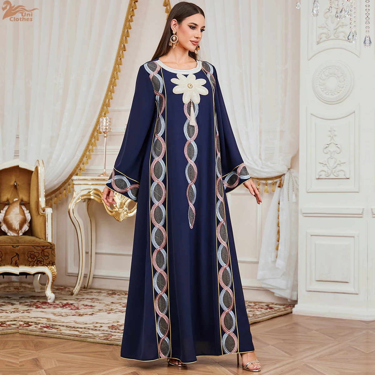 Uni Nieuwe Moslim Elegante Vrouwen Avondjurk Dubai Bloemen Borduren Maxi Abaya Kwastje Vrouwelijke Kleding 2026