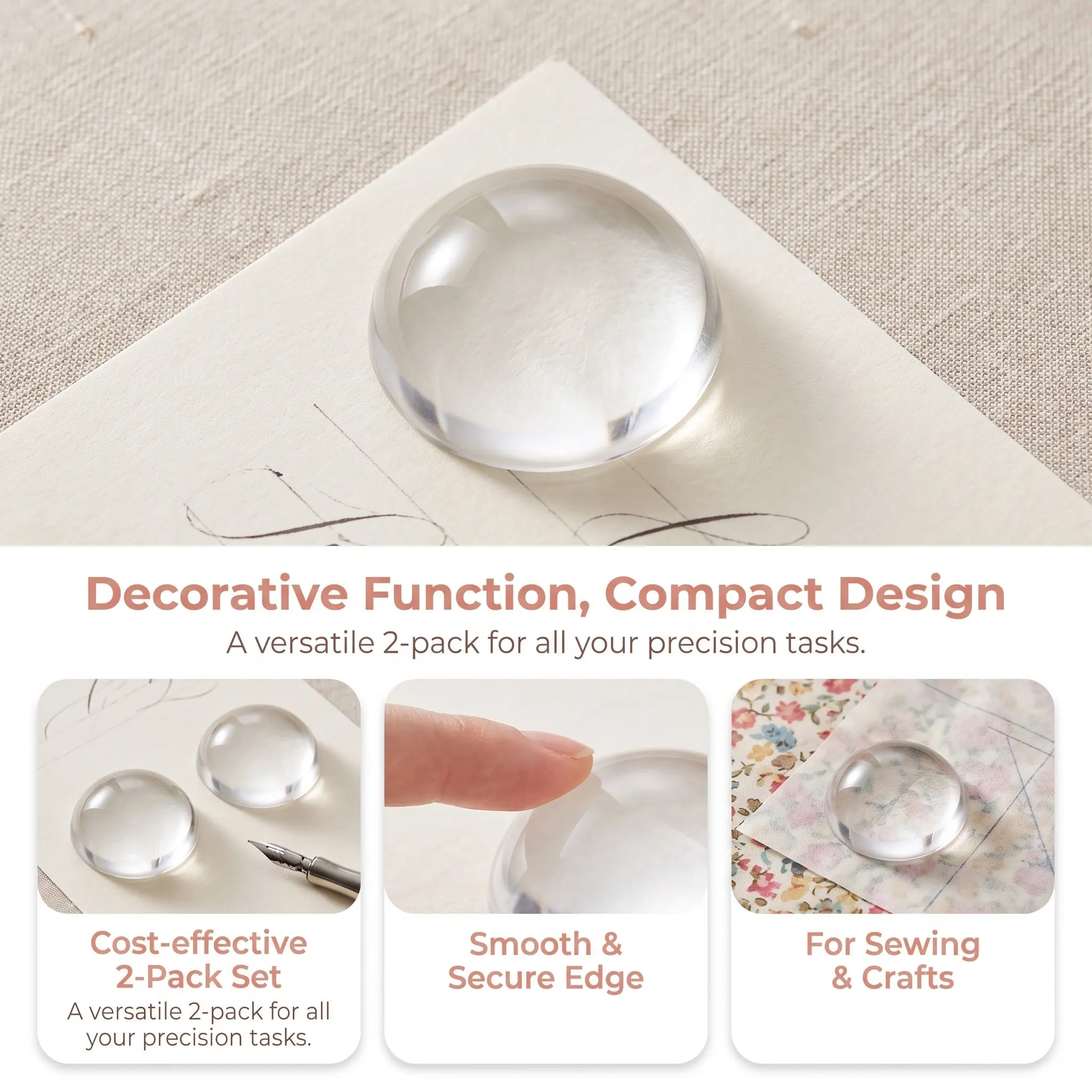 2Pcs Glass Dome Paperweight for Calligraphy Practice Chinese Calligraphy Supply Painting Writing Sewing Pattern Weight Clear