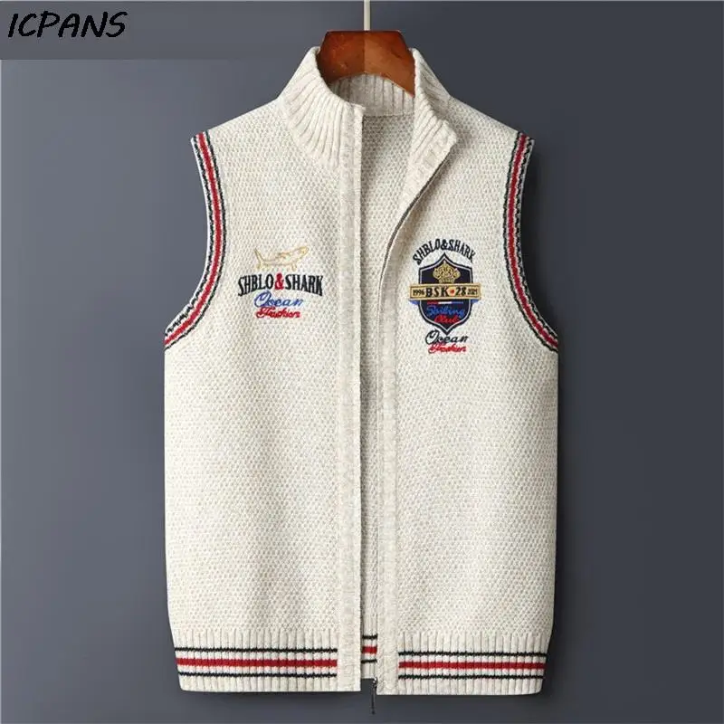 White Letter Knitted Vest  Knitwear Mens Sweater Autumn Korea Clothing Casual Sleeveless Jackets Male Pullover Outwear