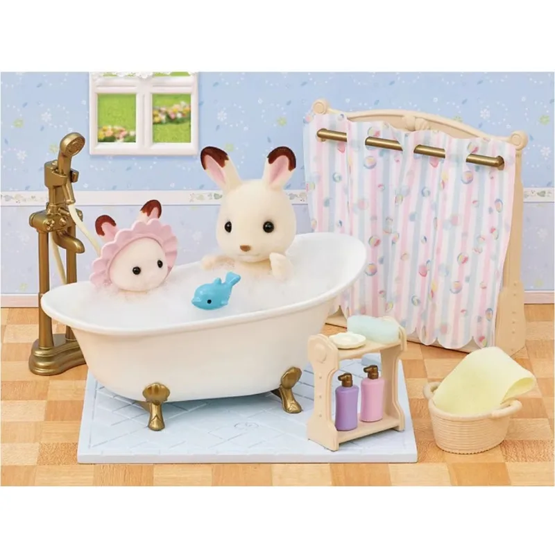 Sylvanian Families-Ensemble de jouets de maison de jeu, accessoires originaux, vêtements, meubles, couvertures, baignoire de salle de bain, cadeau de bain, nouvel an, 2023
