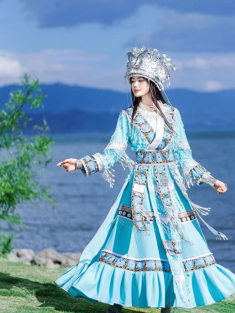 

Blue Ethnic Miao Ethnicity Women's Fashionable Slimming Photography Costume Set Traditional Minority Chinese Culture Design