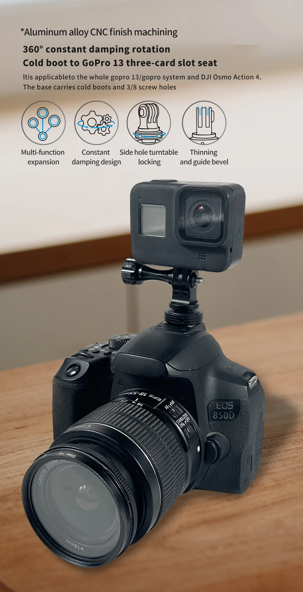 CNC 360 Schwenkbare Kaltschuh Basis Stativ Adapter Halterung für GoPro 13 12 11 DJI Action Kamera Käfig Monitor Lichter LED Halter Halterung – Detail 8