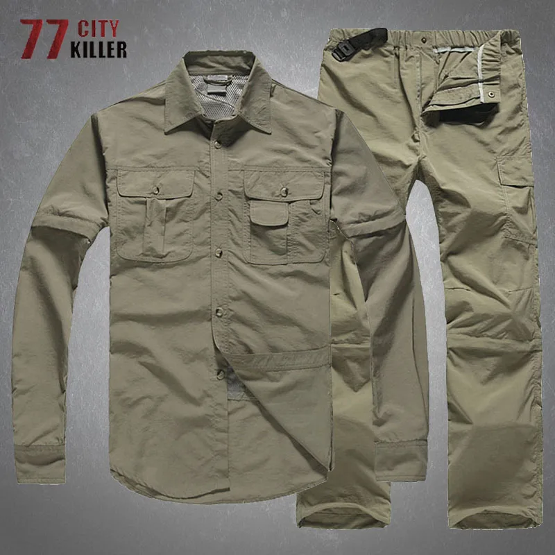 

Men's Quick Drying Tactical Sets Detachable Multiple Pockets Shirts Cargo Pants Suits Male Outdoor Breathable Sunscreen Clothes