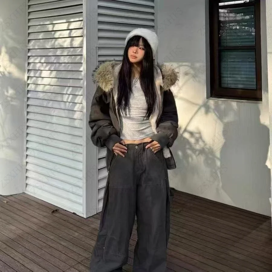 

Loose Jacket 2025 New Winter Women Top Jackets High Street Elegant Fur Patchwork Hooded Coat Thicken Korea Zipper Streetwear