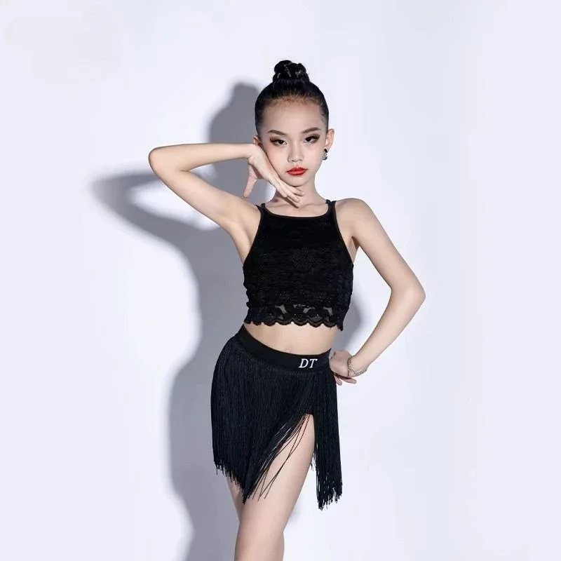 2025 verão criança vestido de dança latina conjunto para grils preto halter topo franjas saia curta samba rumba treinamento competição roupas