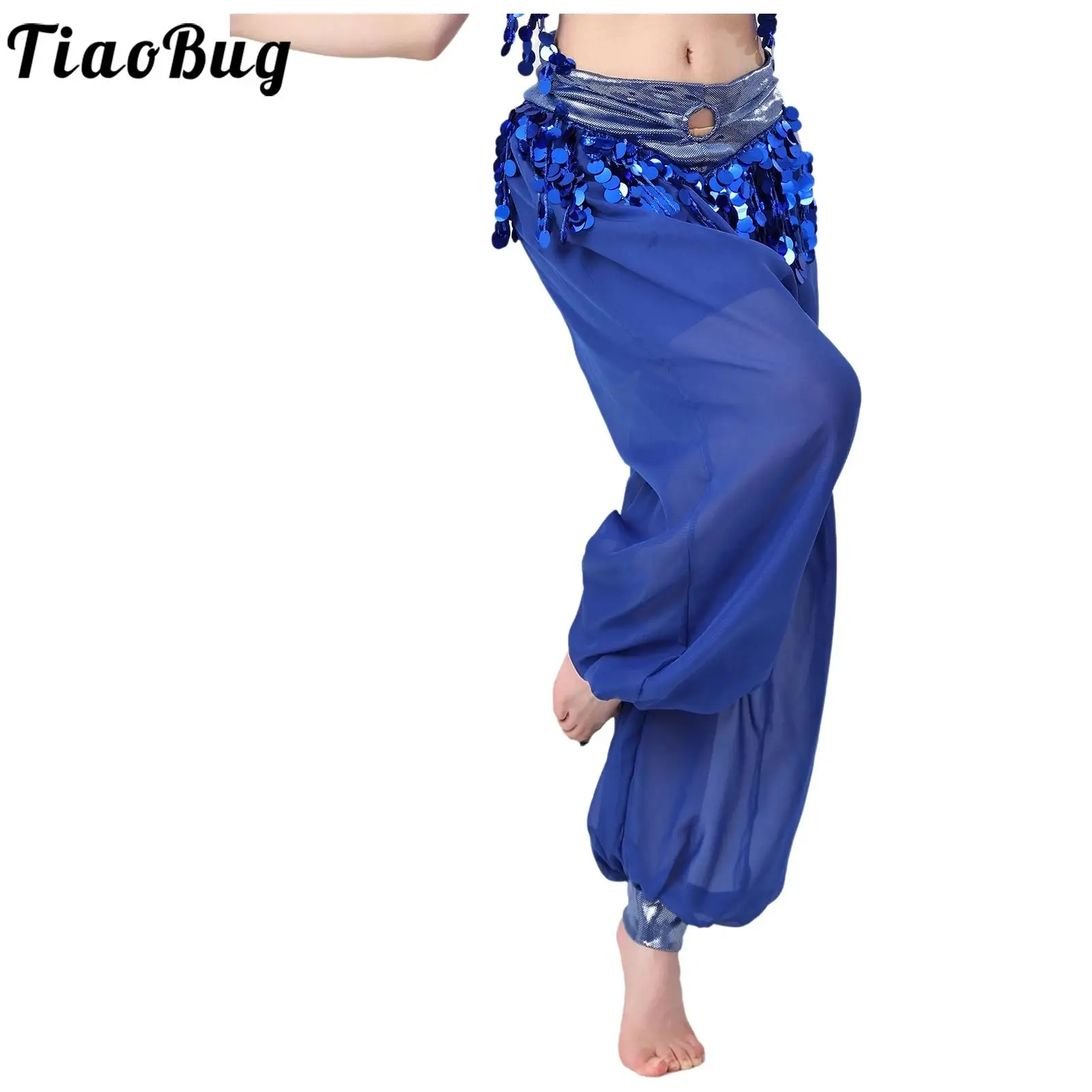 

Womens Belly Dance Lantern Pants Shiny Sequin Tassel Ruched Chiffon Trousers Belly Dance Costume for Performance Dance Classcial