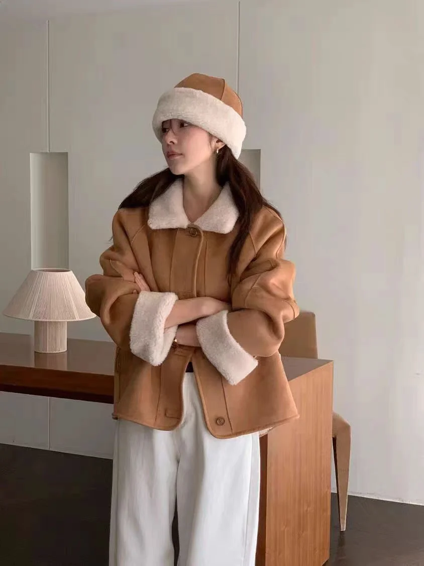 Koreanische Sle Damen Doppelseitige Kleidung Wildleder Jaet 2025 Winter Thiened Lange Sve Warmer Mantel Lose Fit Leder Pelz Inteated