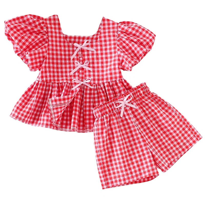 1-4Y Baby Toddler Girl Plaid Outfit Tie-up Front Puff Sleeve Babydoll Shirt Tops Elastic Waist Shorts Summer Girls Clothes Set