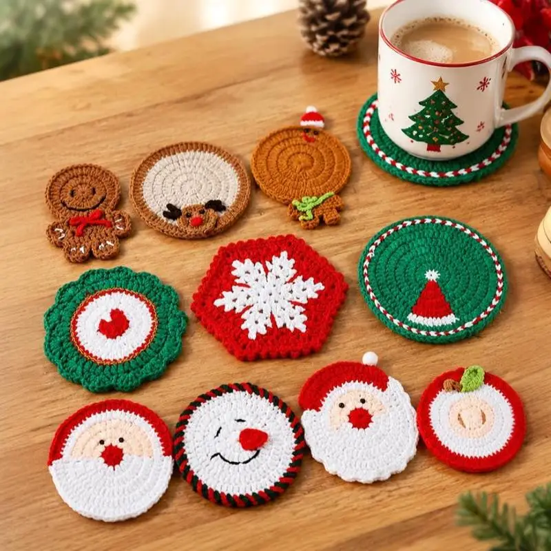 2027 Christmas Crochet Coaster Cute Knitted Coffee Pad Desk Accessories Christmas Gift