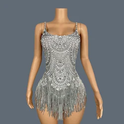Sparkly Rhinestones Tassel Bodysuit for Sexy Women Sleeveless Fancy Costume Singer Dancer Stage Performance Bodysuit Jingling