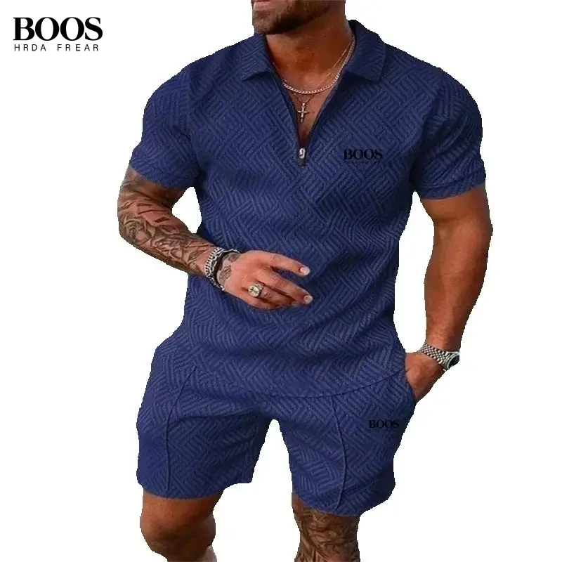 Summer Men's High-Quality Half Zipper Polo Shirt+Casual Shorts Set