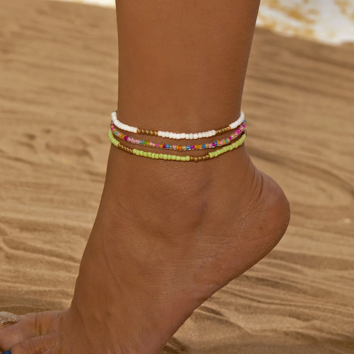 3 Teile/satz Böhmischen Bunte Reis Perlen Fußkettchen Für Frauen Männer Multilayer Handgemachte Harz Kleine Perlen Elastische Fuß Kette Schmuck