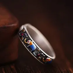 ethnic style Cute silver 925 enamel Colorful Elephant rings for women vintage artistic Cloisonne ring gift jewelry opening