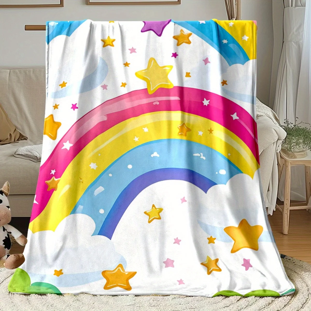 1pc Rainbow Stars & Clouds Fleece Blanket - Lightweight All-Season Soft Warm Throw with Pastel Rainbow, Fluffy Clouds & Colorful