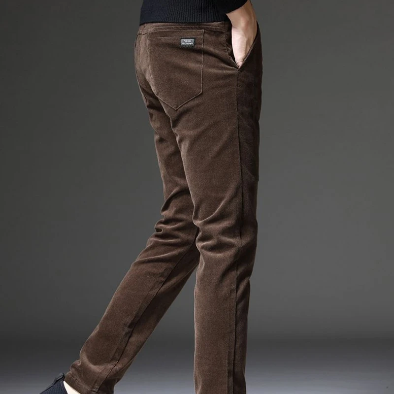 Men Black Pants Fleece Casual Trouser Man Adult Clothing Stretch Straight Loose Office Thickened Warm Solid Autumn Winter New