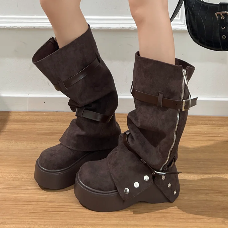 

Platform Women's High Boots Flats Designer Knee High Shoes 2025 Fashion Gothic Motorcycle Boots New Buckle Winter Mujer Botas