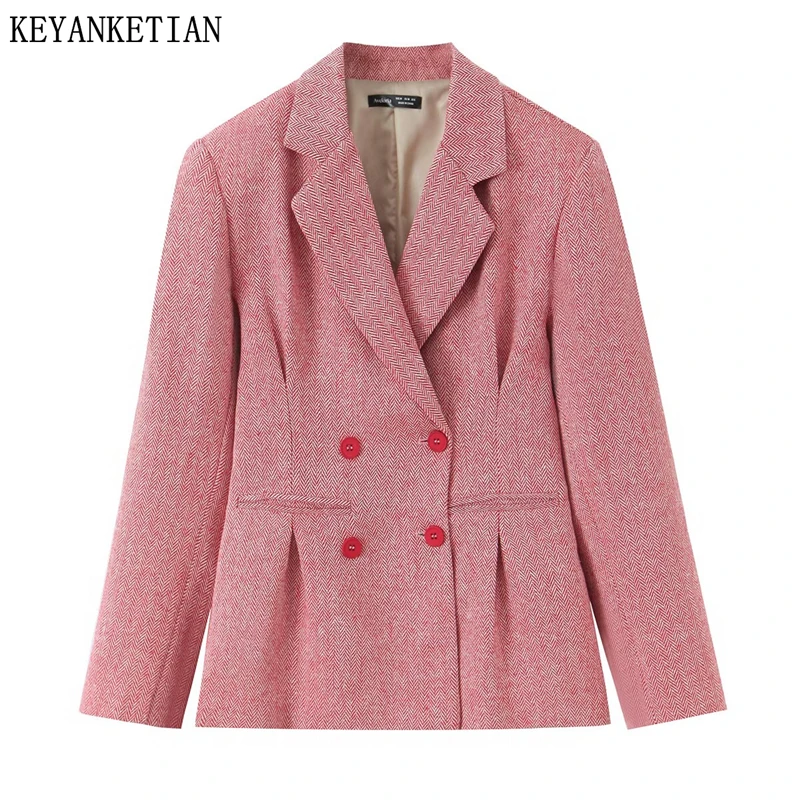 KEYANKETIAN 2026 Spring New Women's Color-blocked twill Suit Coat Office Lady Double Breasted Slim Pleated Blazer Outerwear Top
