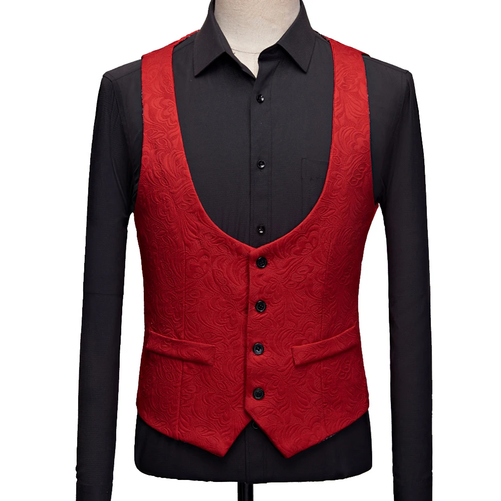 Man Solid Jacquard Sleeveless Waistcoat Men\'s Single-breasted V-neck Business Vest Wedding Party Men Vests Blue Red Black