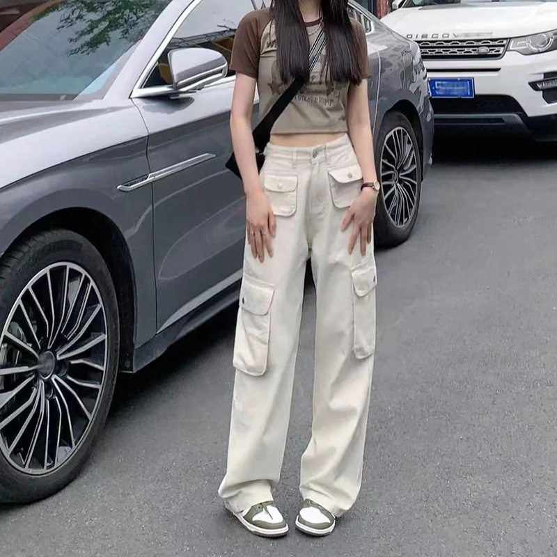

Лидер продаж, женские классические абрикосовые прямые джинсы, уличная одежда для девочек, брюки-карго с высокой талией, женские повседневные модные джинсовые брюки